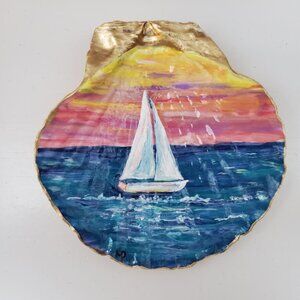 Seashell Art Oyster Hand Painted Ocean Sailboat Sunset Gold Leaf Trim Trinket